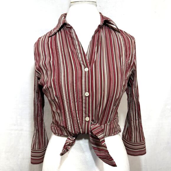Apt.‎ 9 Stretch Small Striped Red 3/4 Sleeve Top V-Neck Buttoned Retro Y2K Work - Picture 1 of 12